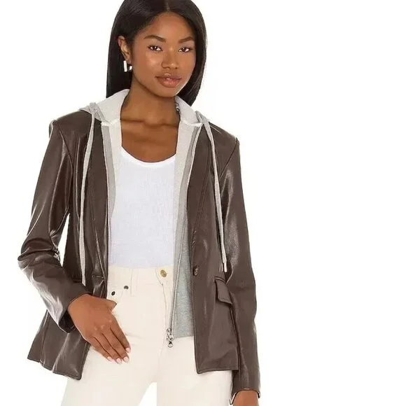 Central Park West Coco Faux Leather Fabric Mix Blazer in Brown, Small - Picture 2 of 10